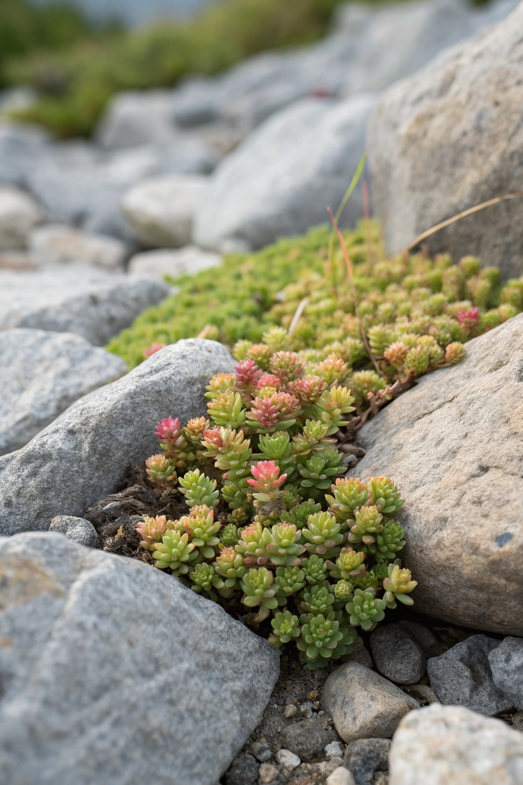 Effortless beauty: Sedum groundcover weaving through stone for a serene, low-maintenance rock garden.