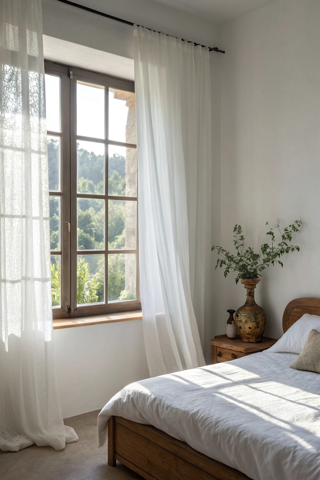 Let sunlight transform your minimalist bedroom—embrace natural beauty with sheer simplicity.