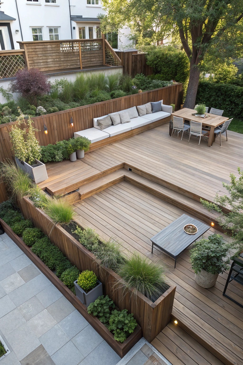 Modern multi-level deck: simplicity, natural wood, and outdoor elegance.