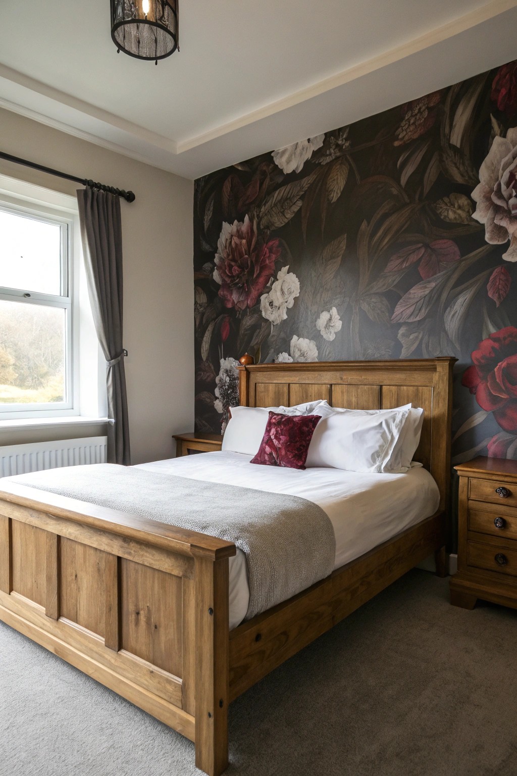 Elevate your bedroom with a moody, floral feature wall—where natural beauty meets dramatic design.