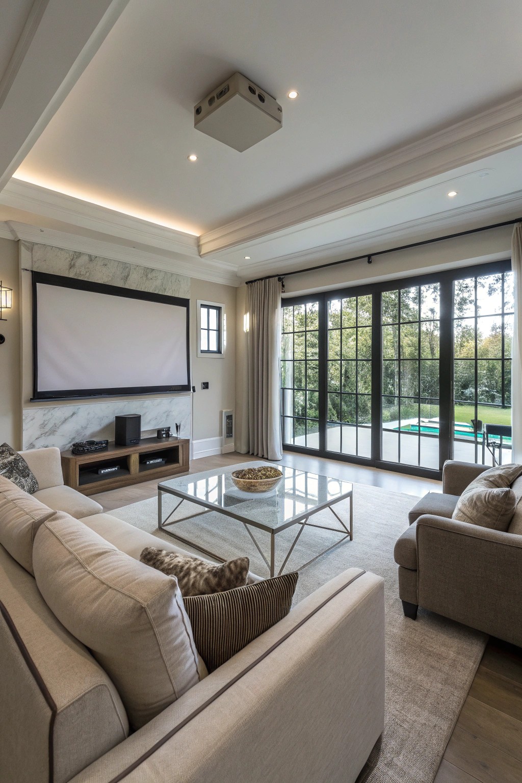 Hidden screens let your space transform from living area to cinema in seconds.