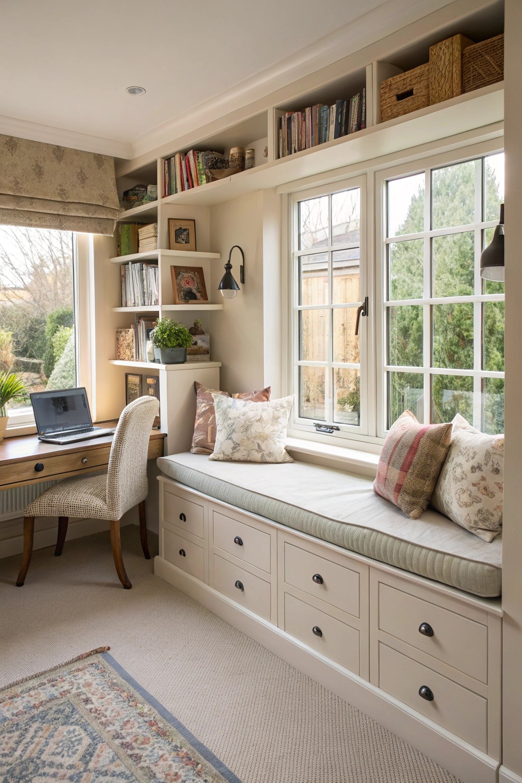 A window seat transforms into a snug guest bed with enchanting views.