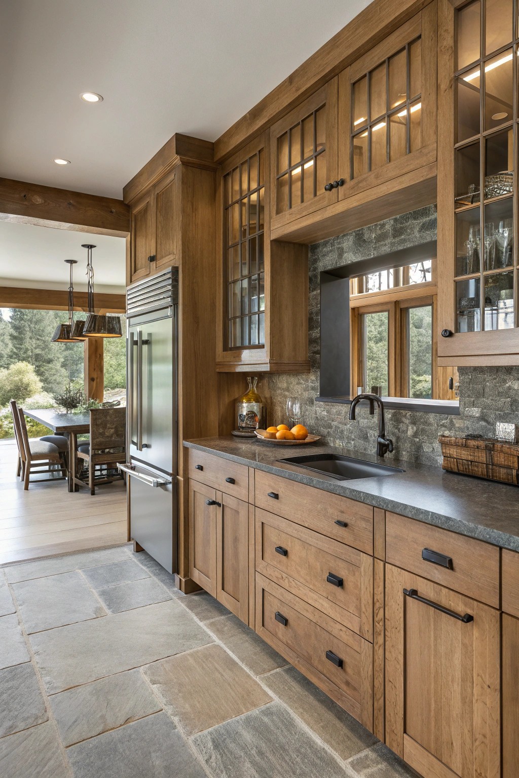 A harmonious mix of wood, stone, and metal elevates this open kitchen’s character.