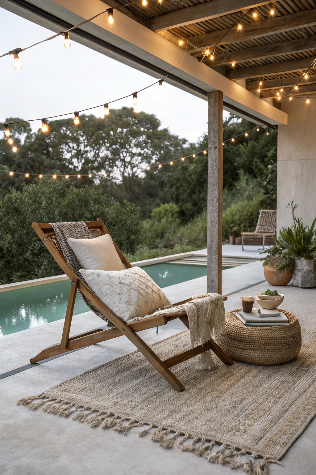 Cozy up on a handcrafted lounge chair under a dreamy poolside patio.