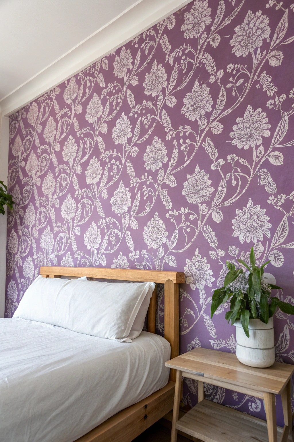 Bold purple wallpaper transforms your bedroom into an artistic sanctuary.