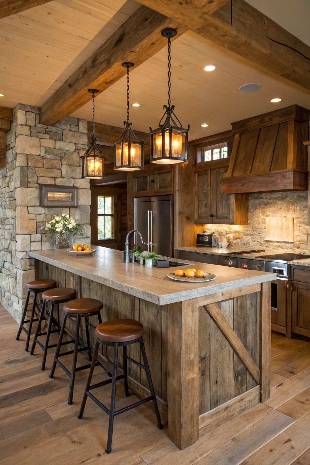 A reclaimed wood island becomes the heart of a rustic kitchen.
