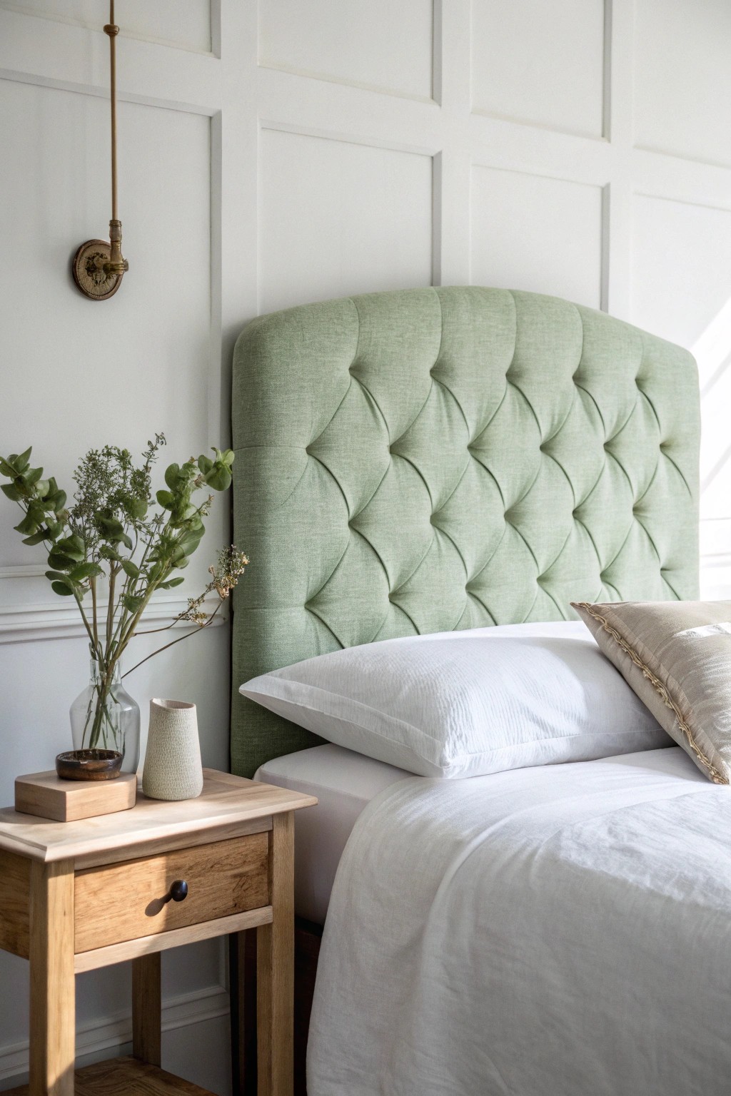 Make a statement with a sage green upholstered headboard—where natural beauty meets modern simplicity.