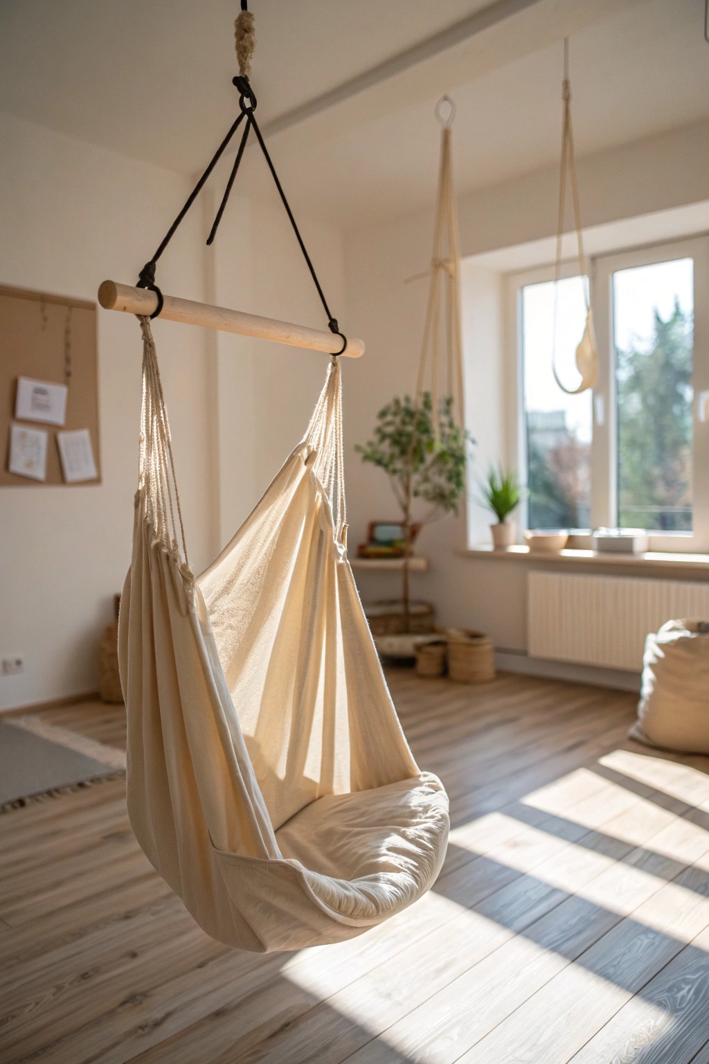 Embrace calm: a beautifully crafted sensory swing, the heart of a peaceful retreat.