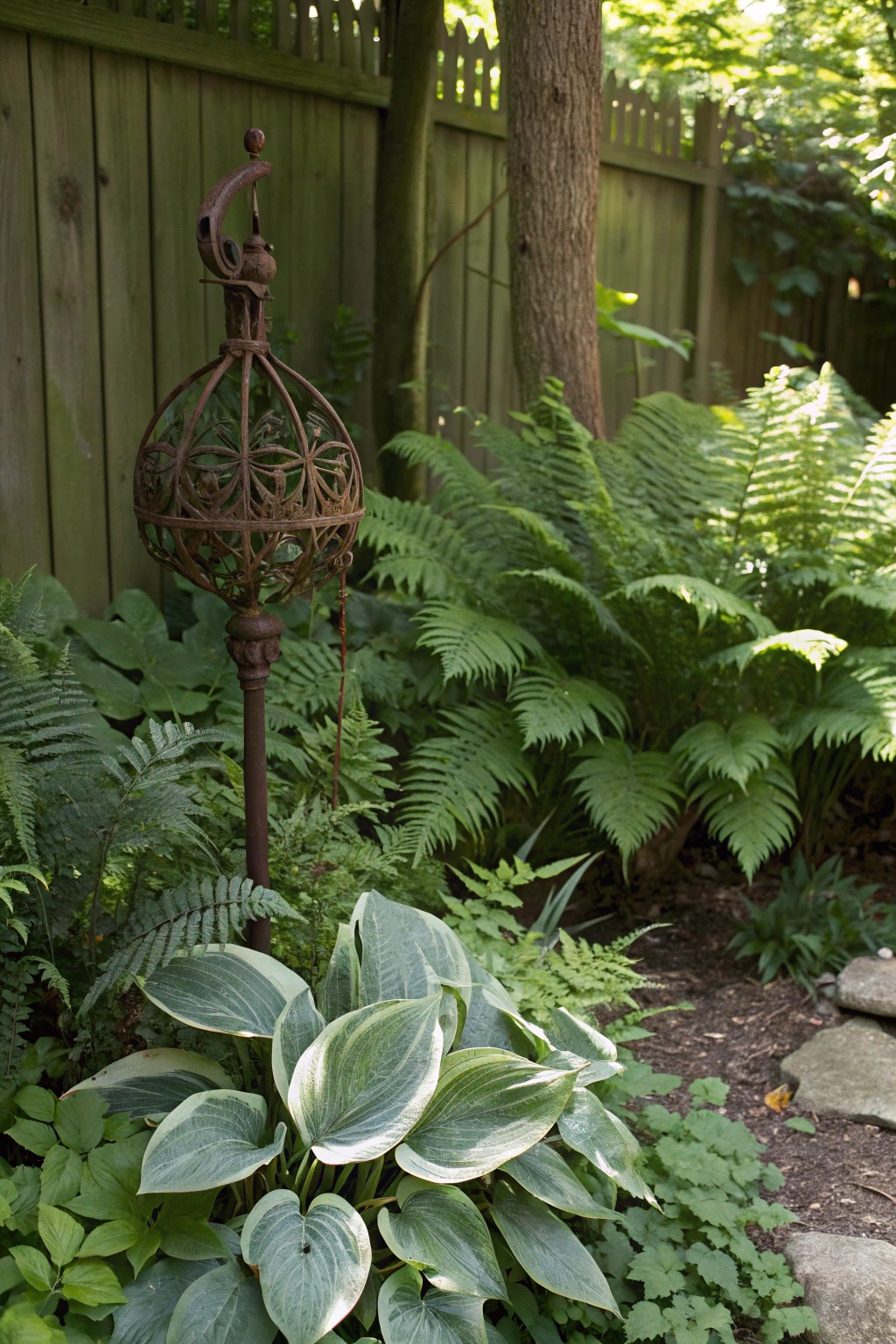 Garden art peeks out from lush foliage, adding charm to the shade.