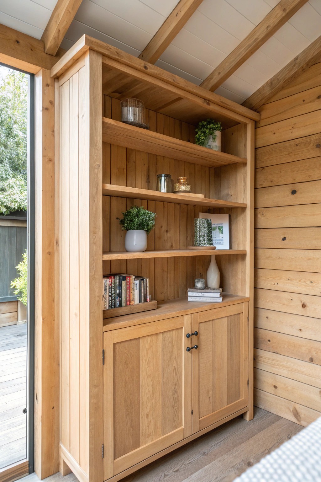 Elevate your she shed with stunning built-in shelving—where beauty meets function.