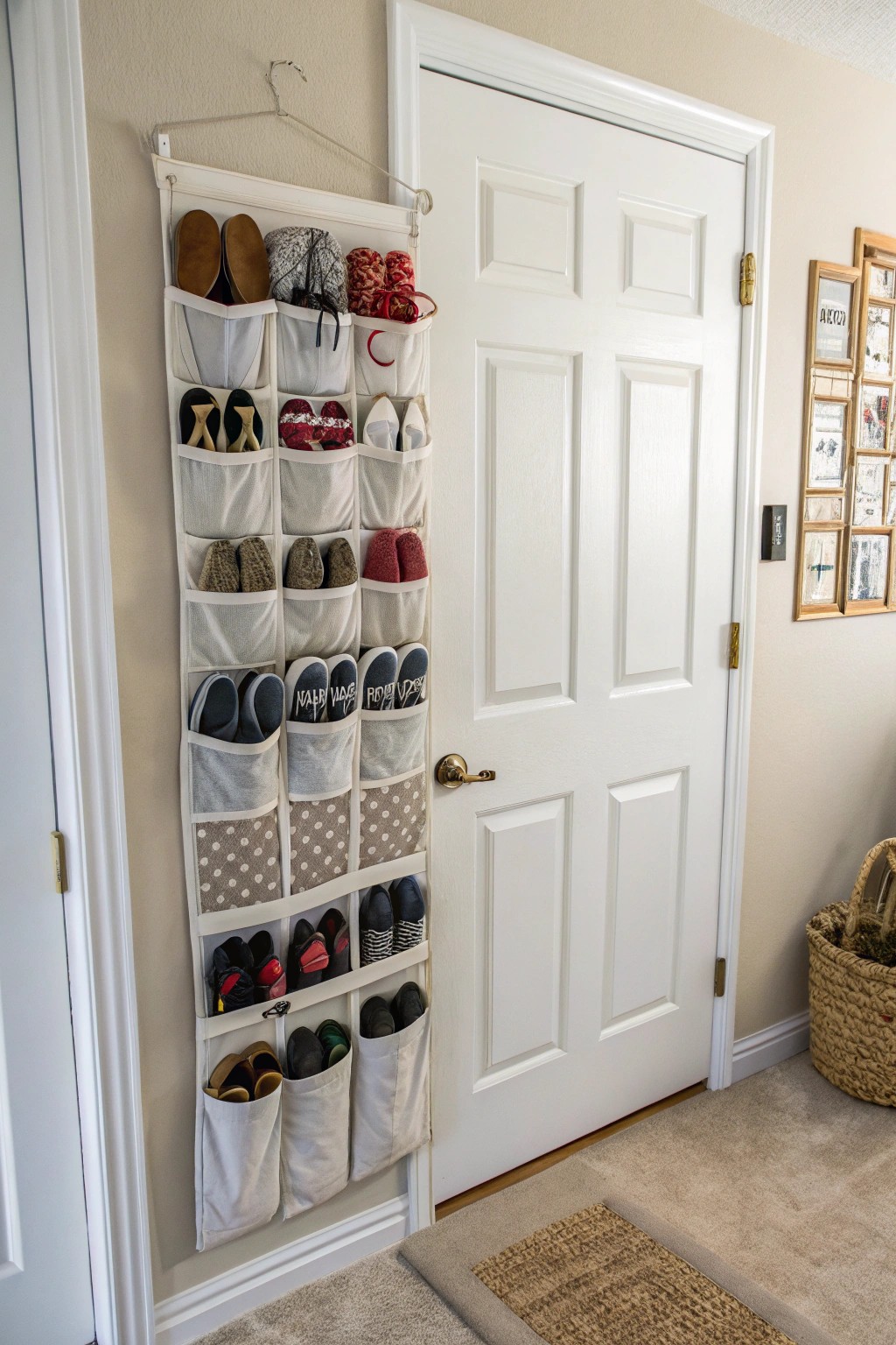 A door-mounted organizer neatly corrals shoes in any small space.