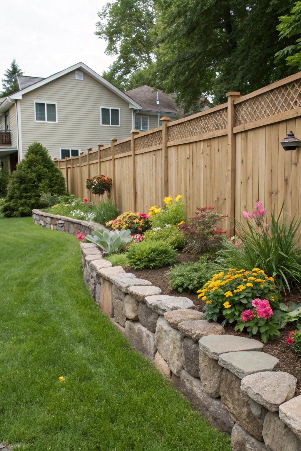 Stone edging offers a crisp, natural finish to any fence garden.