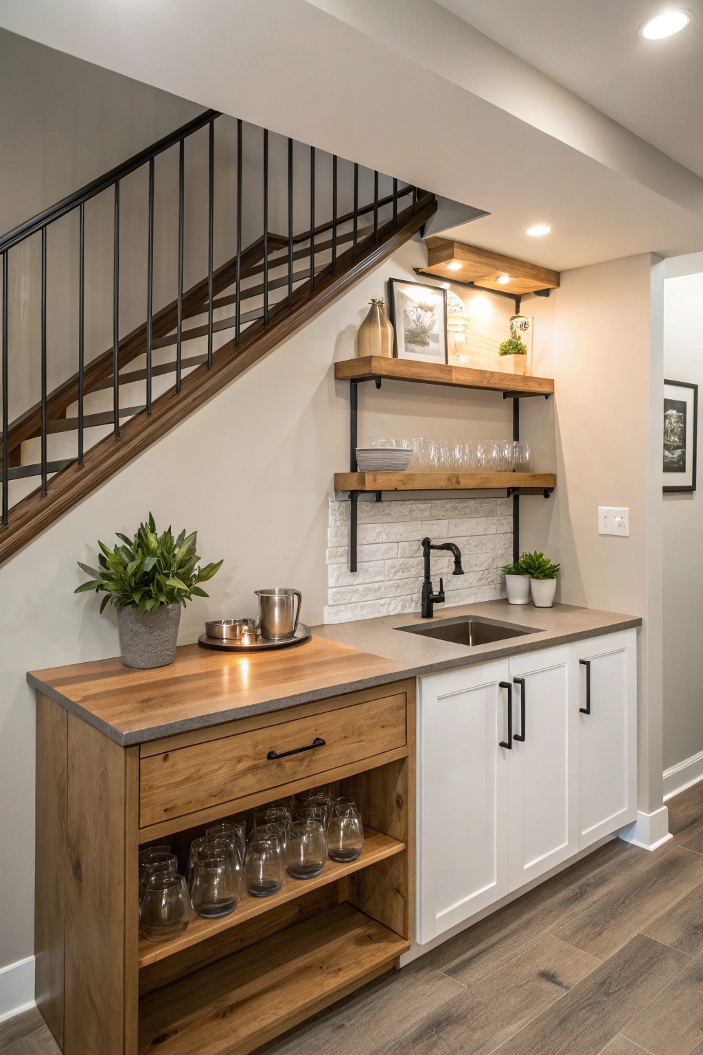 Elevate your basement with a chic, minimalist wet bar nook—where style meets function.