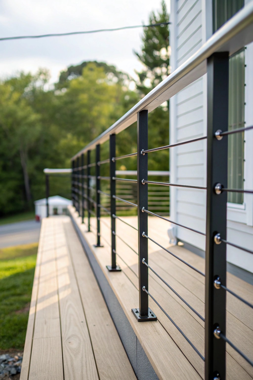 Elevate your porch with sleek modern railings—where simplicity meets stunning views.