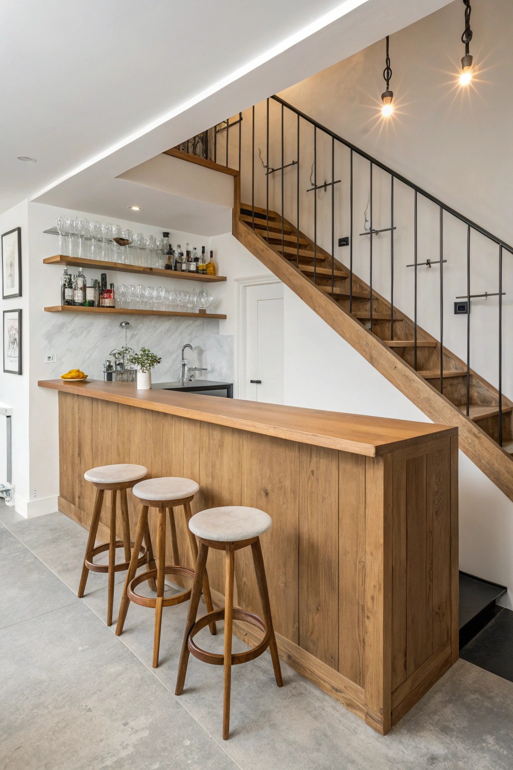 Chic basement bar: natural wood elegance in a cozy corner