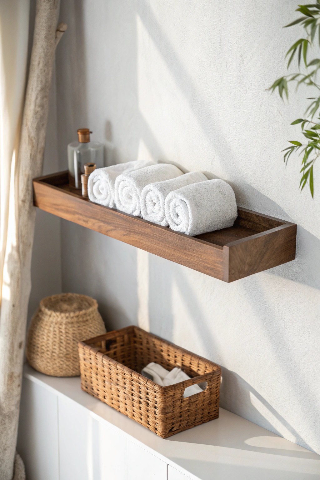 Elevate your small bathroom with a simple walnut floating shelf—where storage meets style.