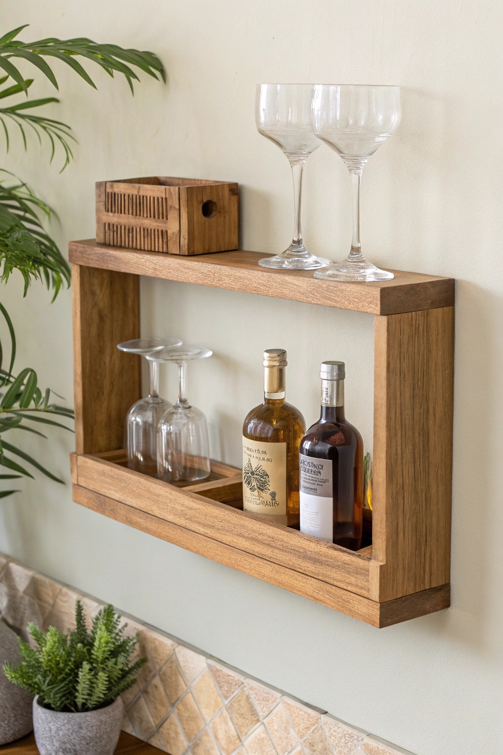Effortless elegance: A floating shelf transforms any space into a stylish home bar.