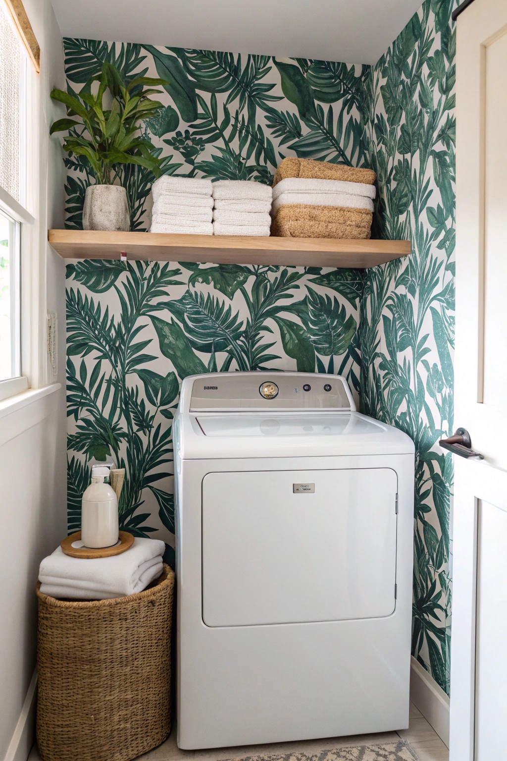 Turn your laundry nook into a cheerful retreat with bold, beautiful wallpaper.