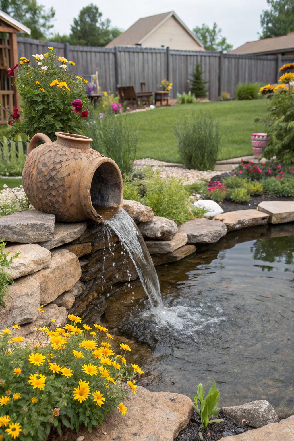 A vintage jug pours water into a pond, creating a playful, rustic waterfall.