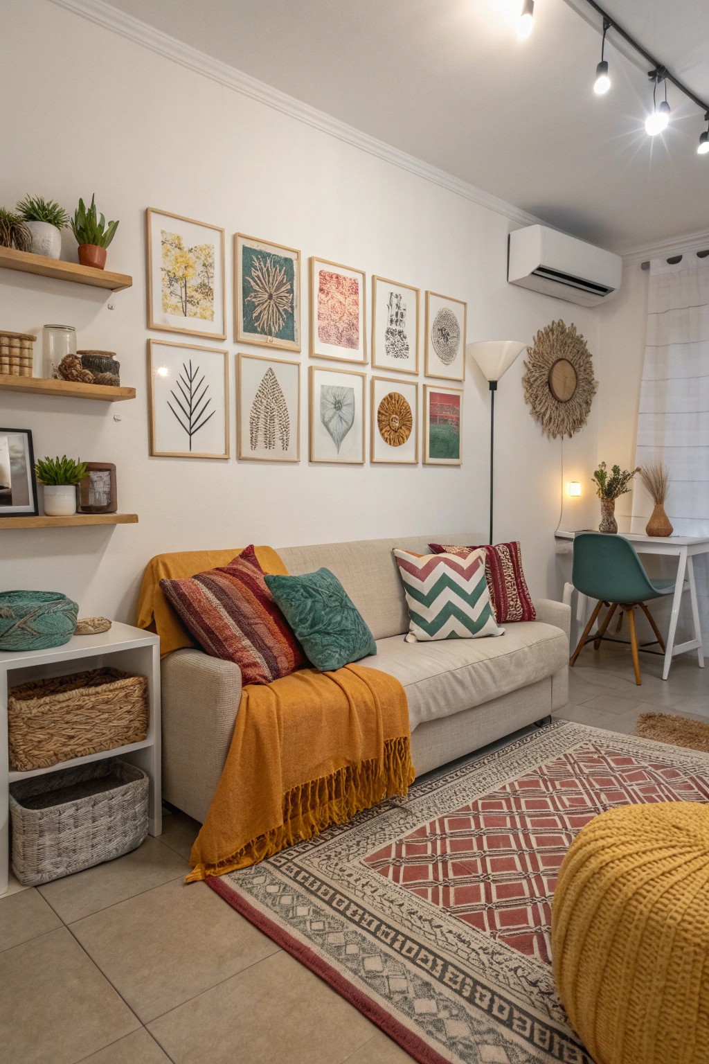 A consistent accent color brings a sense of unity to studio living.
