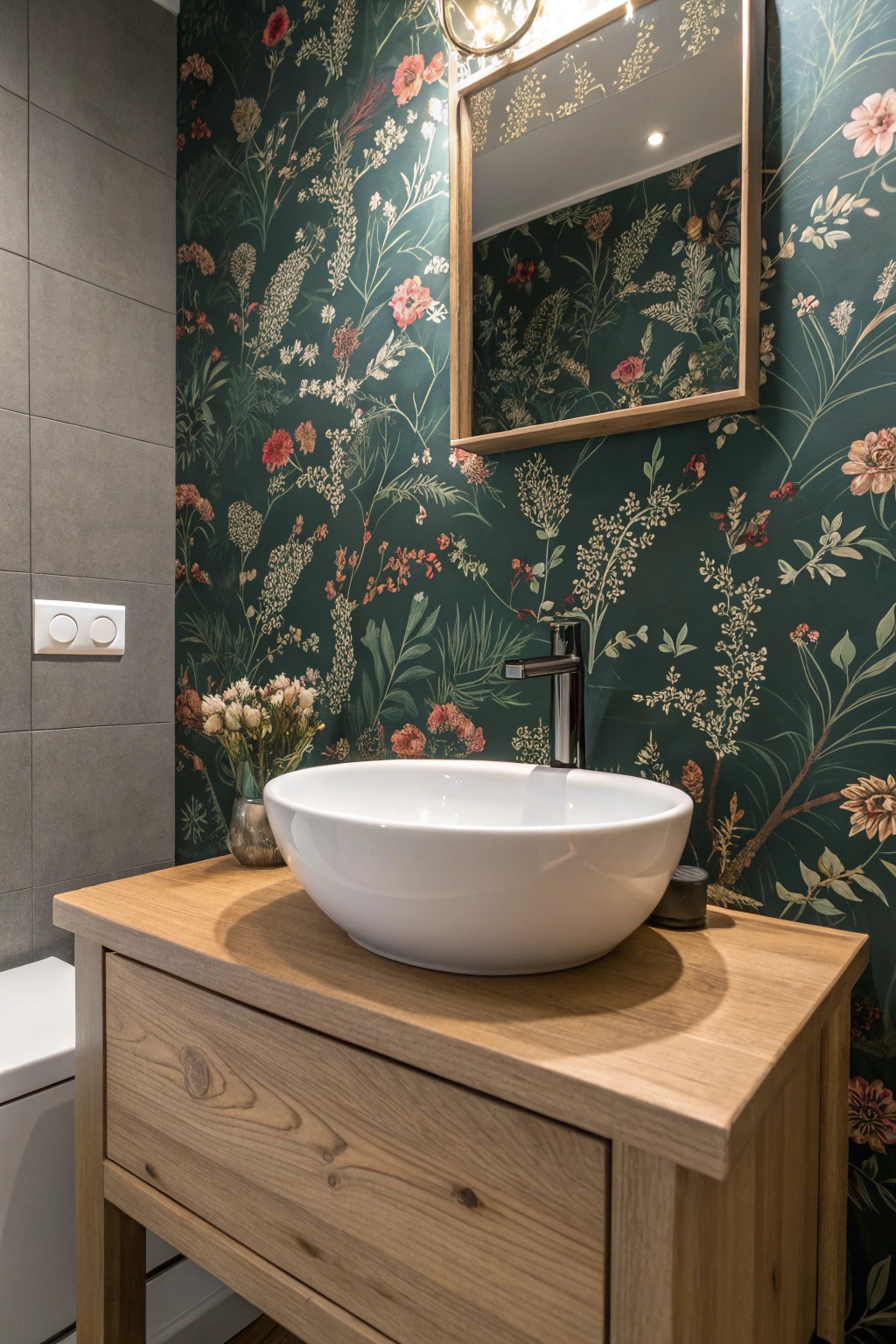 Elevate your small bathroom with a bold botanical wallpaper and artisan basin—simple drama, stunning impact.