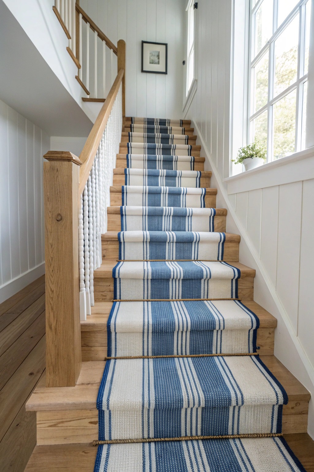 Bring seaside serenity home with a blue-and-white striped stair runner.