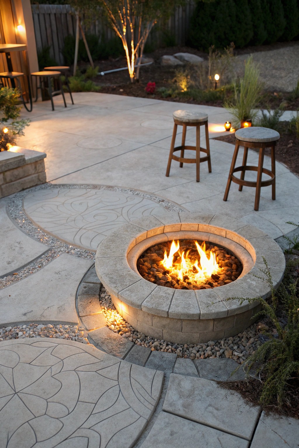 Cozy evenings begin with a stunning stamped concrete fire pit centerpiece.