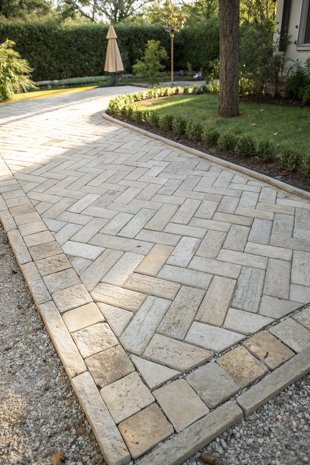 Elevate your patio with timeless herringbone stone patterns—subtle artistry underfoot.
