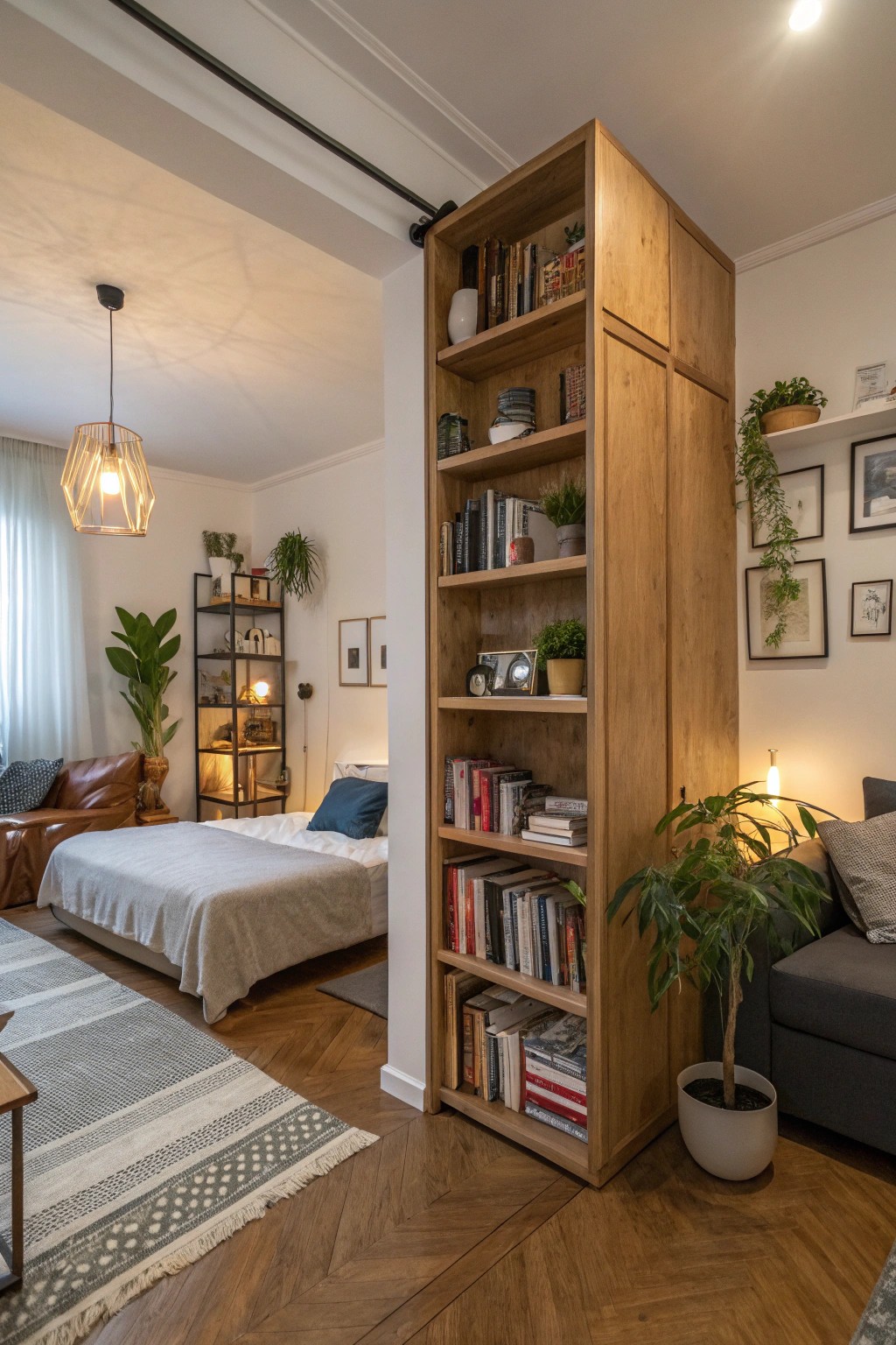 Open shelving deftly separates zones while keeping things airy.