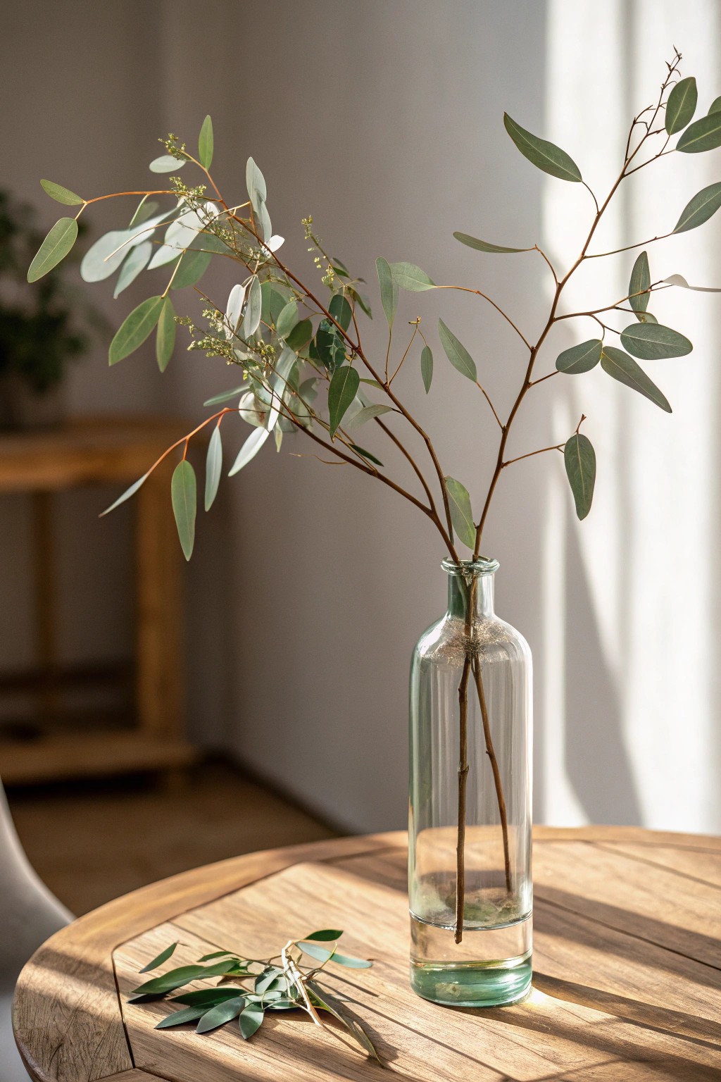 Effortless elegance: a single branch in a glass vase for a serene, minimalist tablescape.