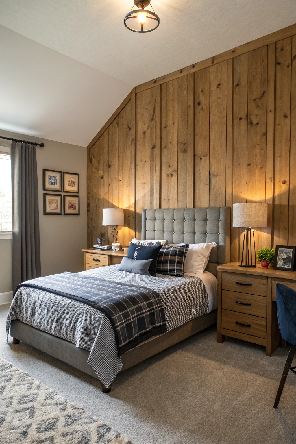 Textured paneling creates a cozy, architectural statement.