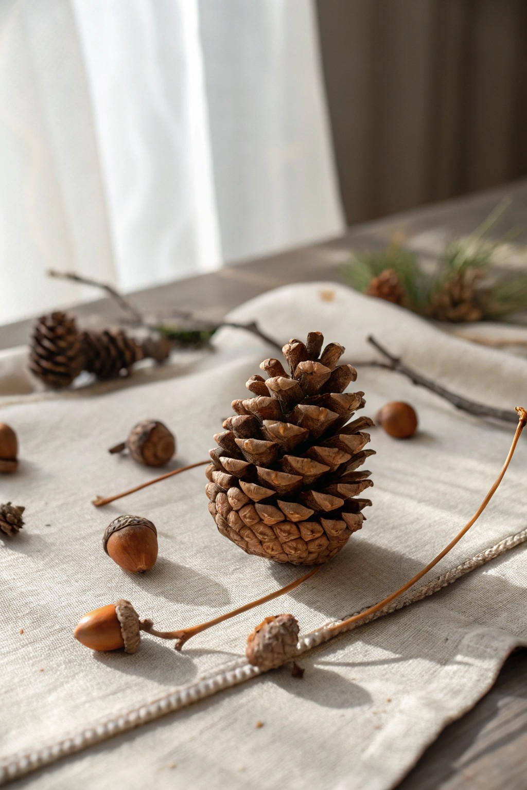 Celebrate Thanksgiving with nature’s treasures—simple, elegant pinecones and acorns as stunning table decor.