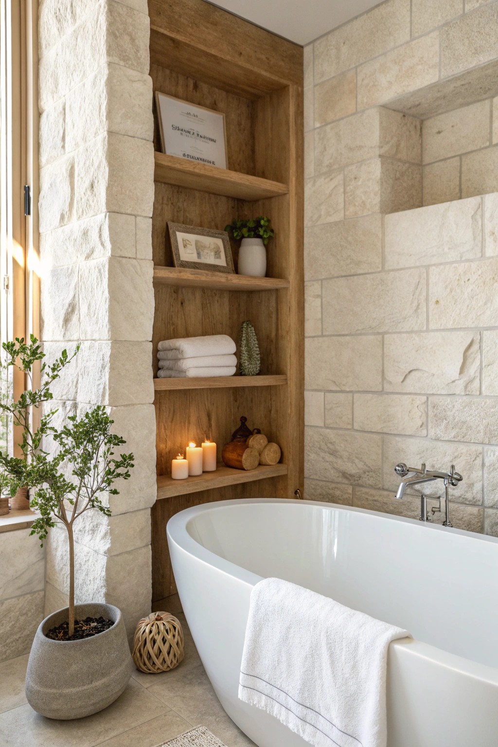 Effortless elegance: A beautifully crafted built-in niche keeps your tub essentials organized and within easy reach.