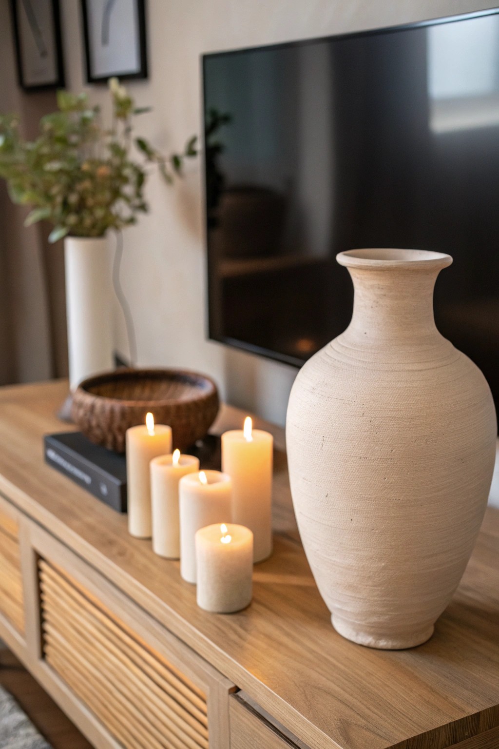 Elevate your TV stand with the timeless charm of candles and a handcrafted ceramic vase.