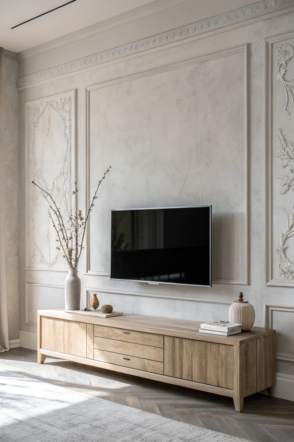 Serene monochrome: effortless TV wall inspiration for minimalist living.