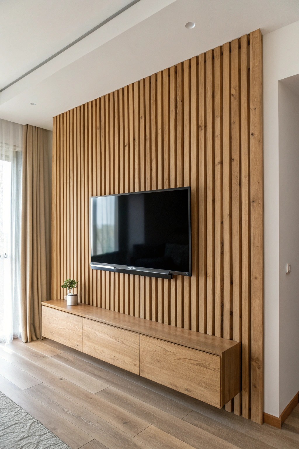 Elevate your space with a TV mounted on a stunning wood slat accent wall—where simplicity meets natural beauty.