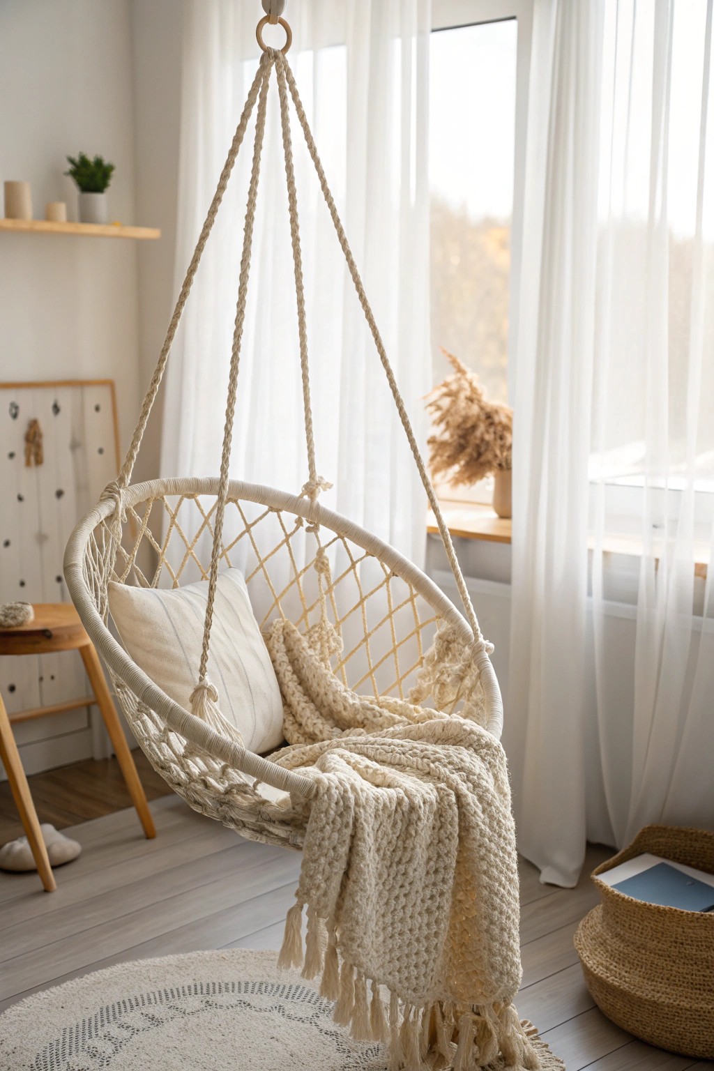 A cozy hanging chair brings playful charm and handcrafted style to a tween girl's bedroom.
