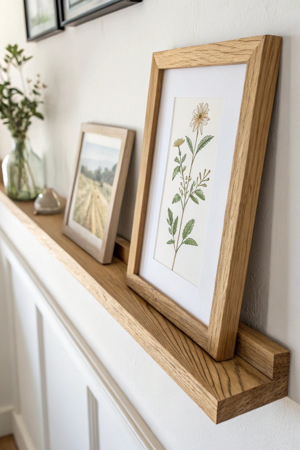 Effortless style: a single, beautiful art piece leaning on a natural wood ledge.