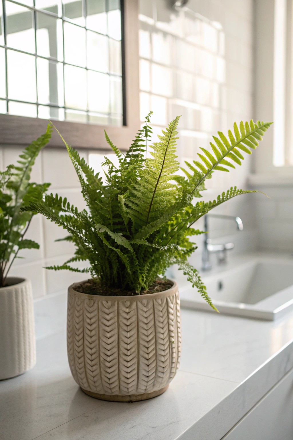 A fresh green fern brings life and elegance to a minimalist white bathroom.