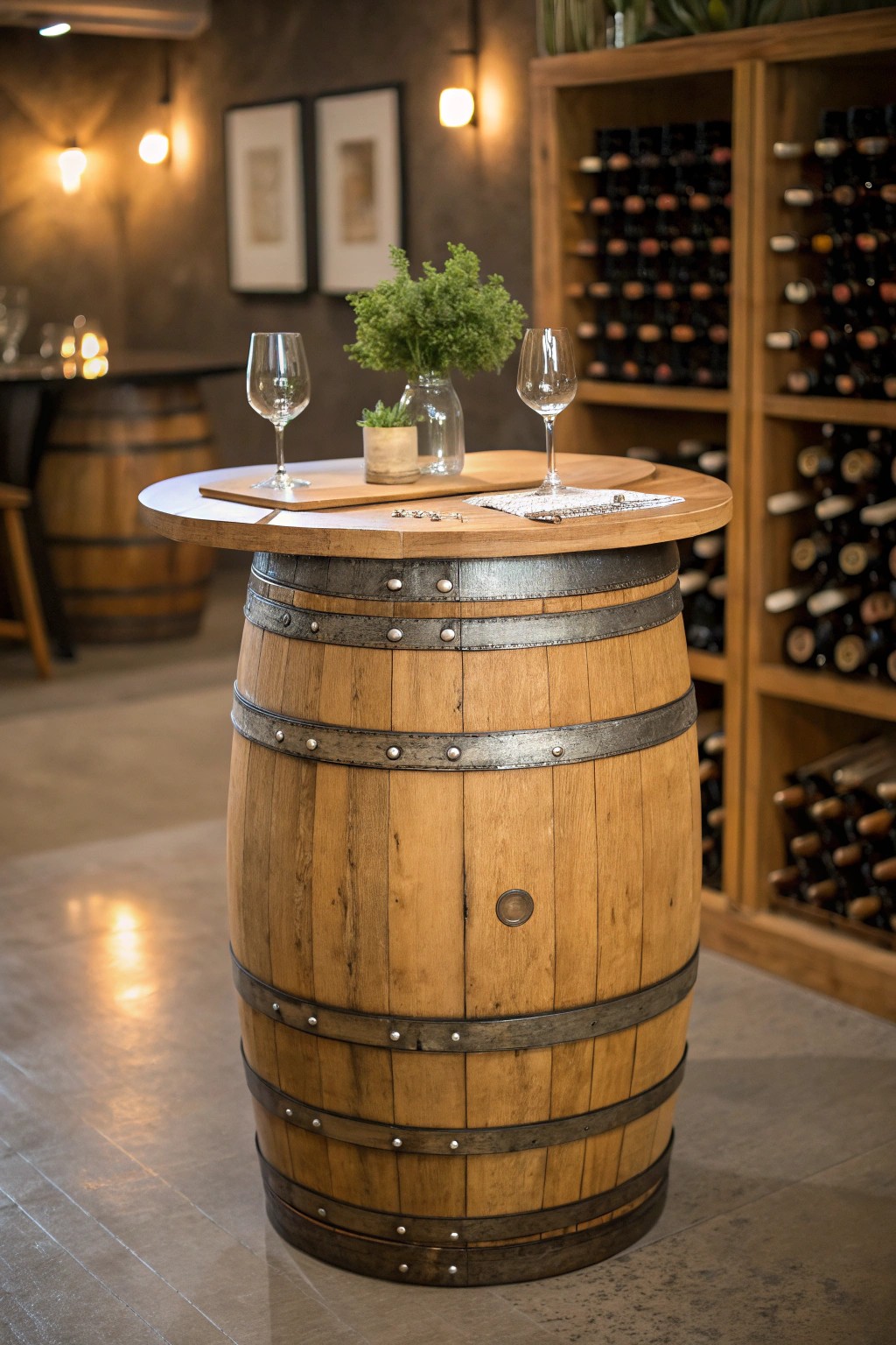 Elevate your wine cellar with the timeless charm of a handcrafted wine barrel table.