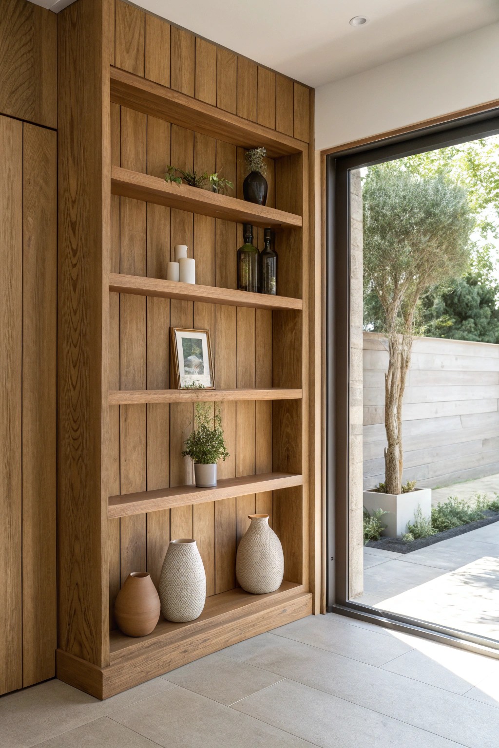 Elevate your space with a stunning wood accent wall and seamless built-in shelves.