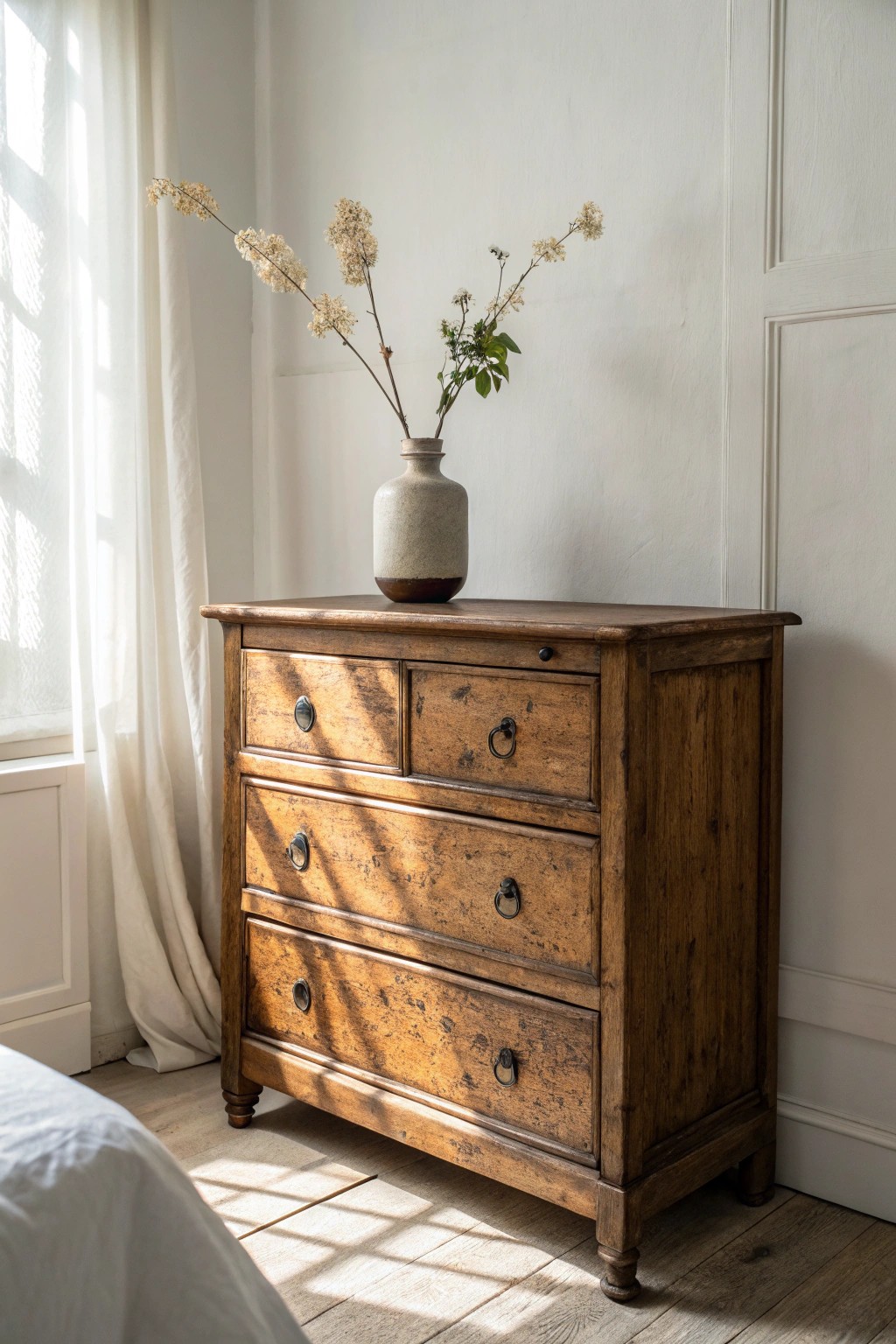Bring character to your bedroom with a unique vintage dresser—where history meets modern simplicity.