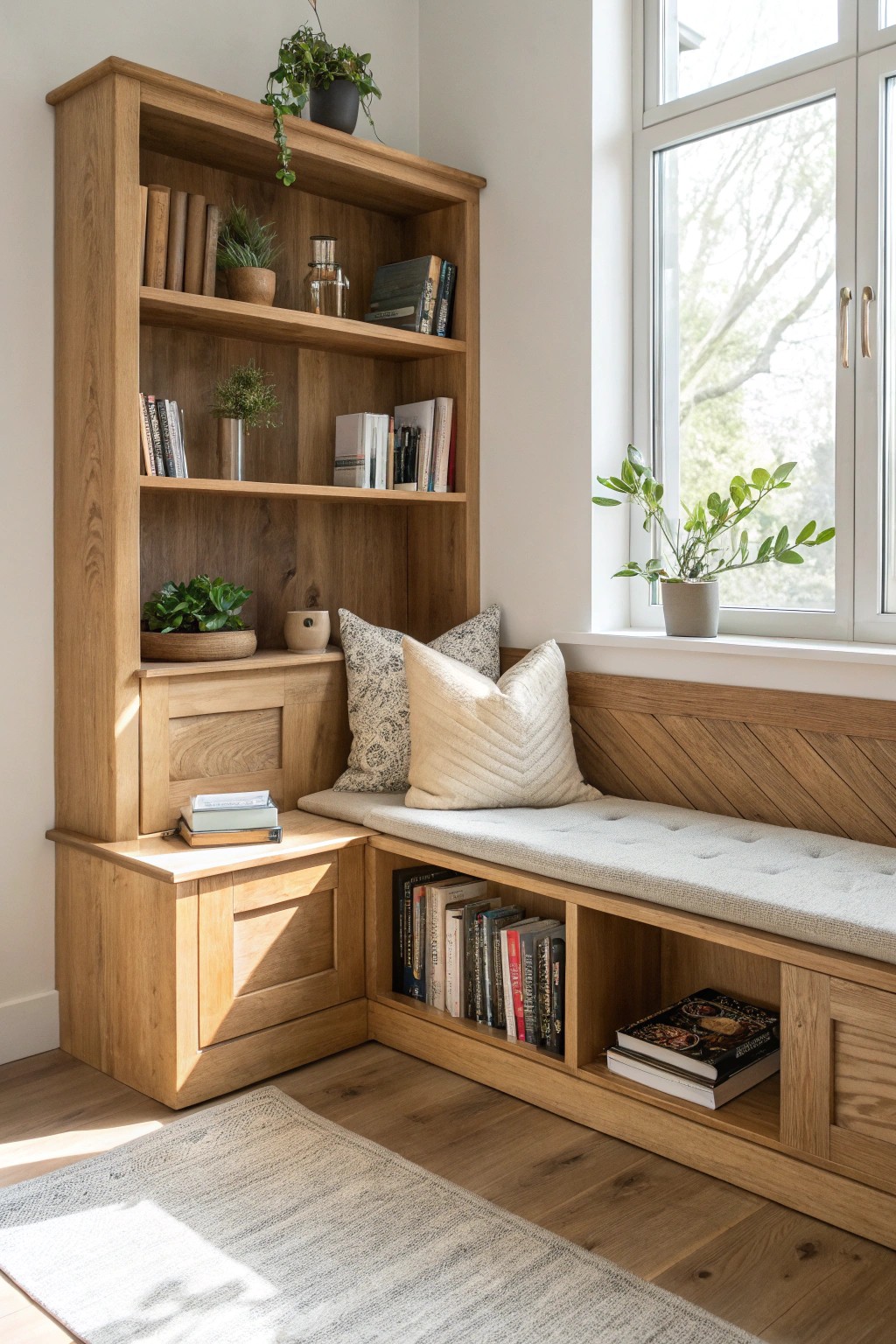 Transform awkward corners into cozy built-in storage with natural beauty and timeless style.