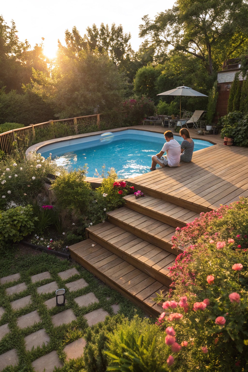Terraced steps create a dramatic and welcoming entrance to your pool deck.