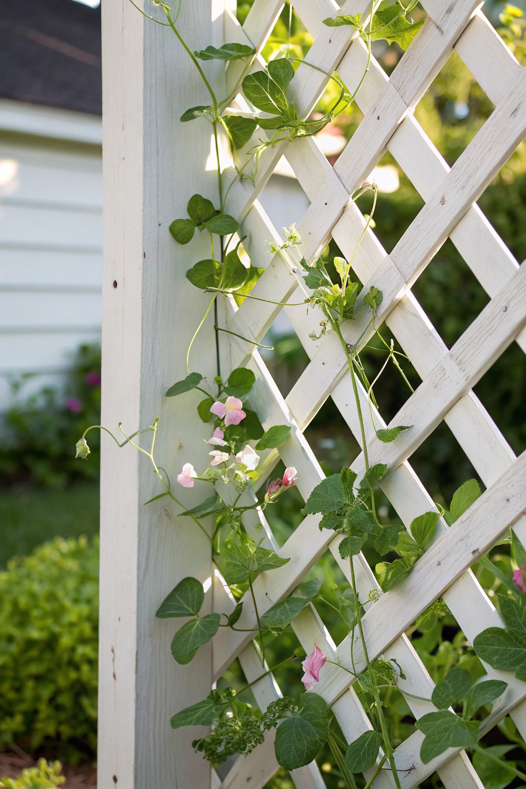 Create a cozy backyard retreat with a handcrafted white lattice and blooming sweet peas.