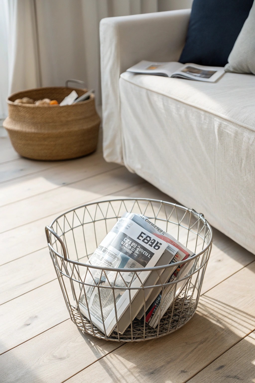 Elevate your living room with a chic wire basket for your favorite reads.