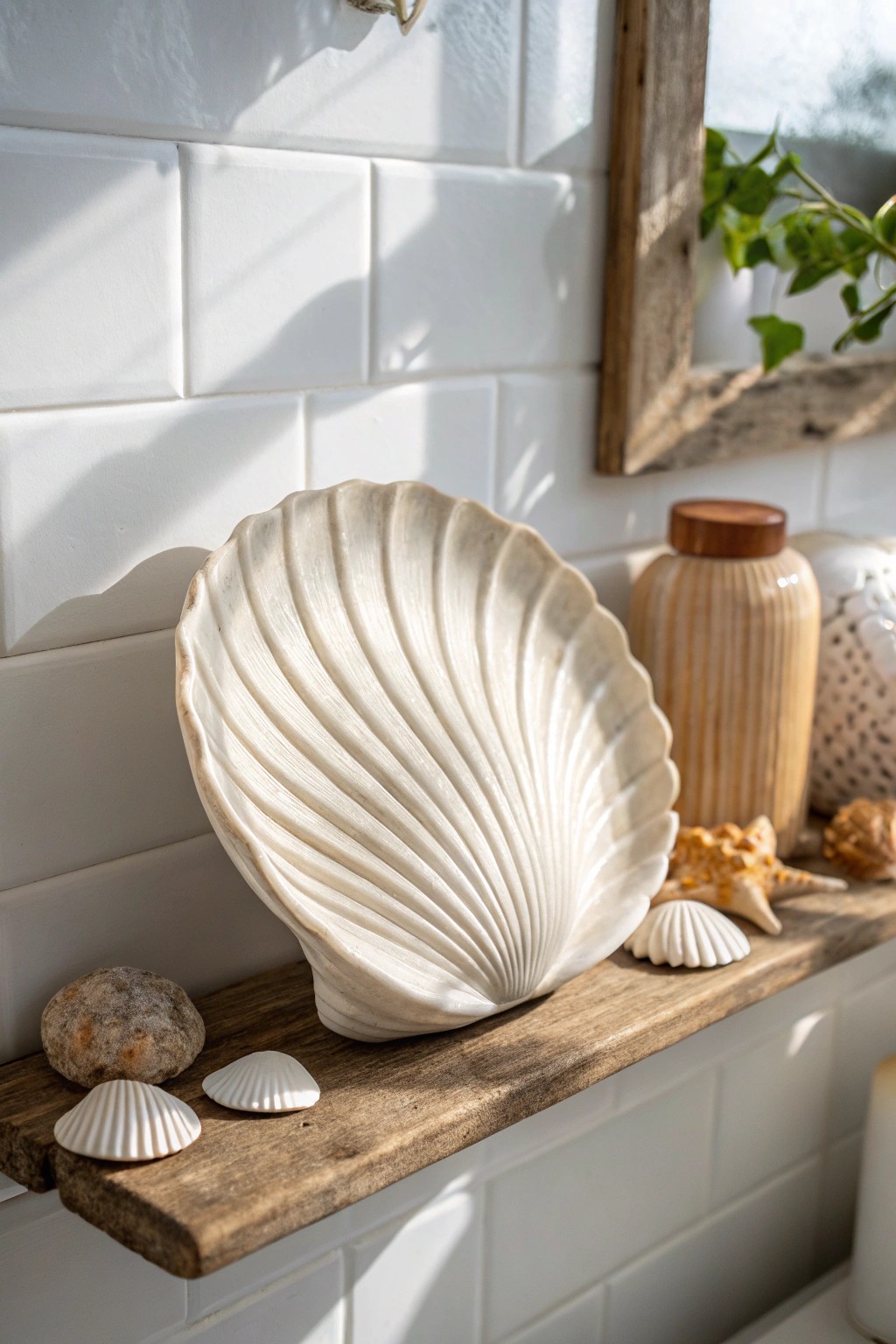 Bring the calm of the coast to your bathroom with handcrafted seashell art.