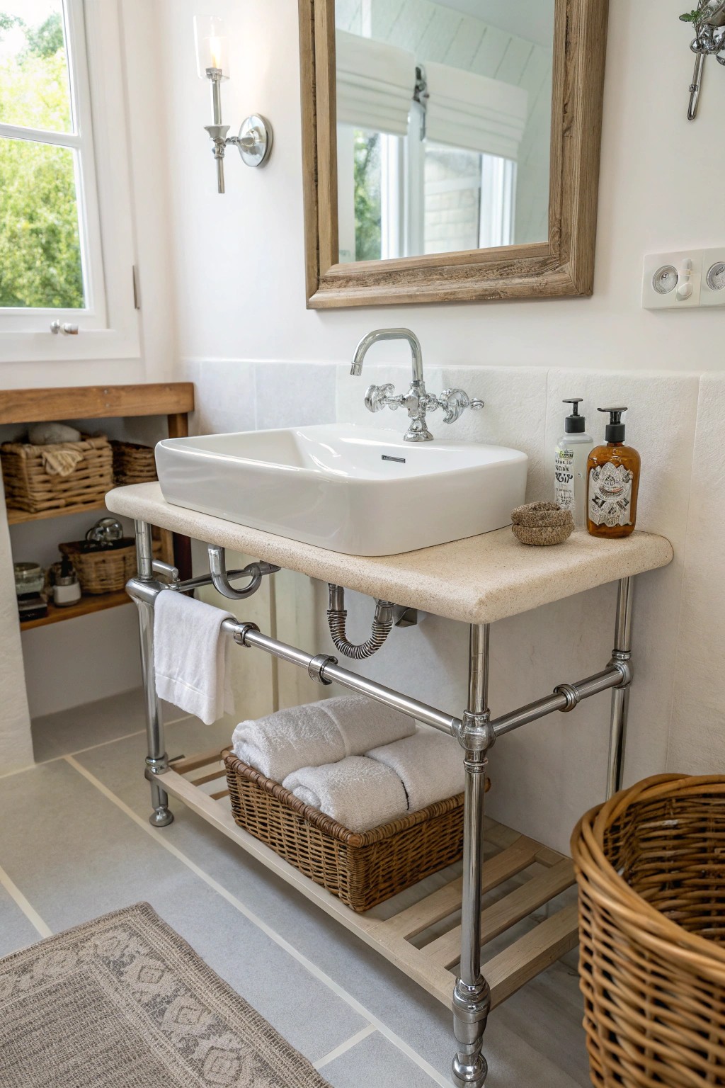 Wall-mounted sinks free up floor space and deliver sleek, modern vibes