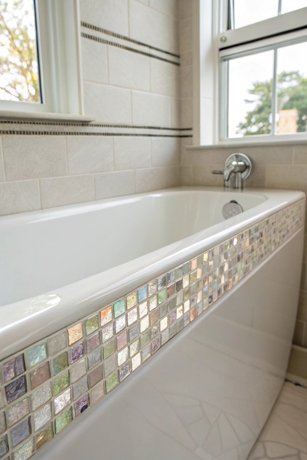 Add artistic flair with a handcrafted mosaic accent strip above your bathtub.