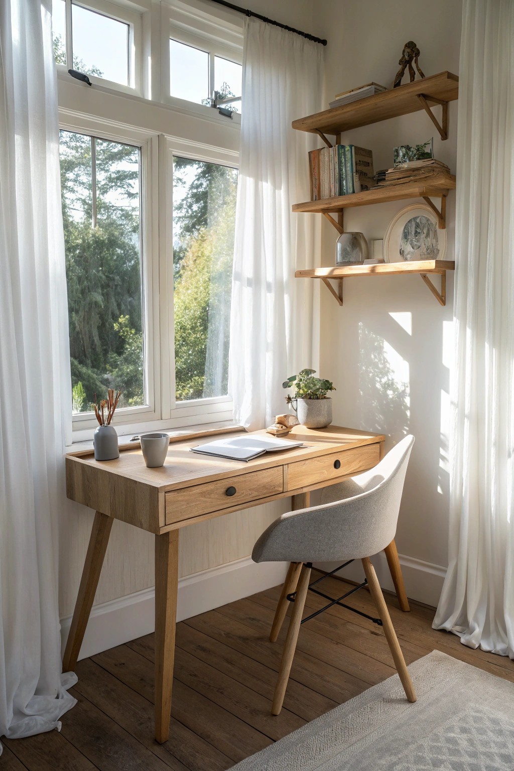 Sunlit bay window desk—where natural light inspires serene productivity.